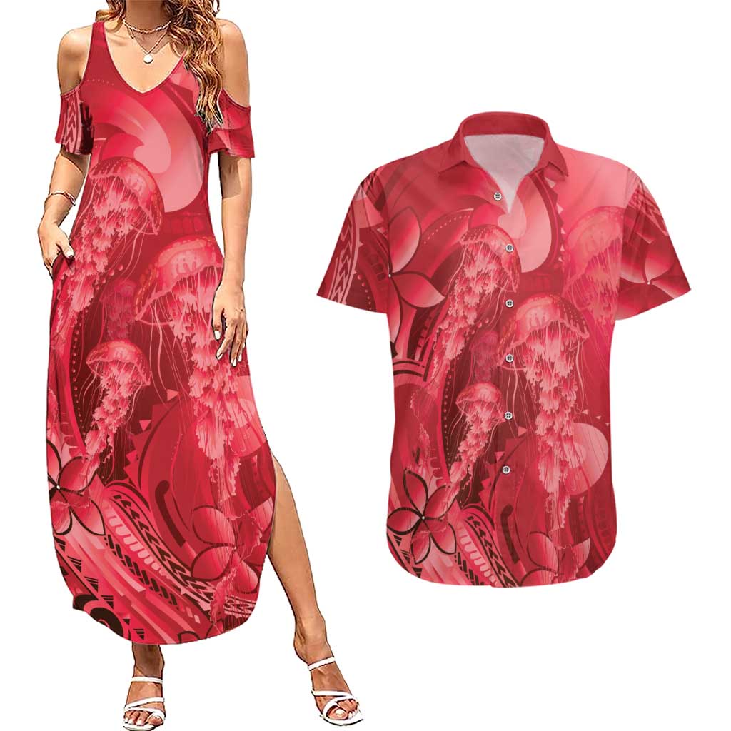 Red Gradient Polynesia Jellyfish Couples Matching Summer Maxi Dress and Hawaiian Shirt Plumeria Polynesian Tattoo Glowing Vibes LT14 Red - Polynesian Pride