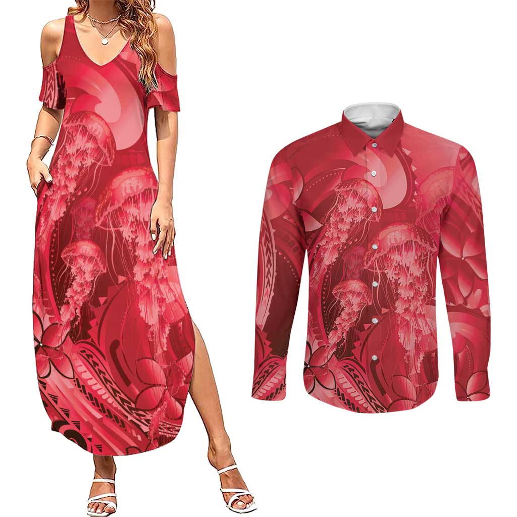 Red Gradient Polynesia Jellyfish Couples Matching Summer Maxi Dress and Long Sleeve Button Shirt Plumeria Polynesian Tattoo Glowing Vibes LT14 Red - Polynesian Pride