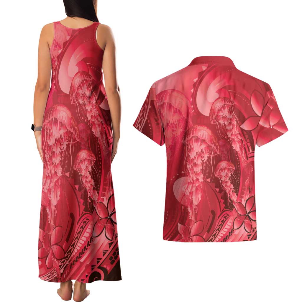 Red Gradient Polynesia Jellyfish Couples Matching Tank Maxi Dress and Hawaiian Shirt Plumeria Polynesian Tattoo Glowing Vibes LT14 - Polynesian Pride