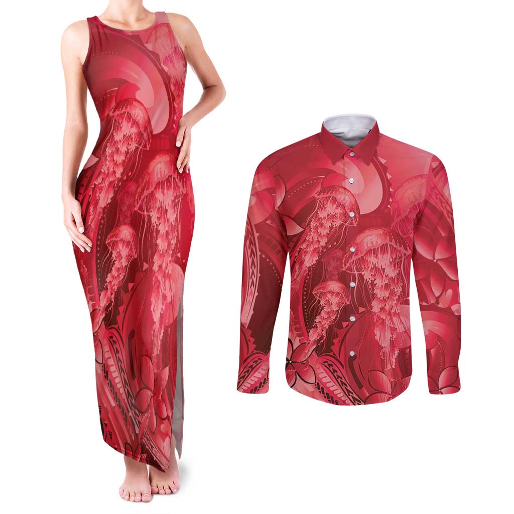 Red Gradient Polynesia Jellyfish Couples Matching Tank Maxi Dress and Long Sleeve Button Shirt Plumeria Polynesian Tattoo Glowing Vibes LT14 Red - Polynesian Pride