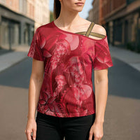 Red Gradient Polynesia Jellyfish Cross Shoulder Shirt Plumeria Polynesian Tattoo Glowing Vibes