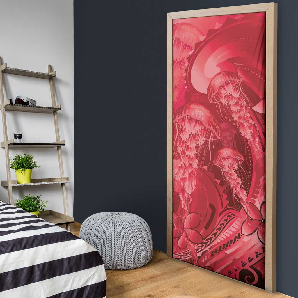 Red Gradient Polynesia Jellyfish Door Cover Plumeria Polynesian Tattoo Glowing Vibes
