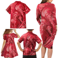 Red Gradient Polynesia Jellyfish Family Matching Long Sleeve Bodycon Dress and Hawaiian Shirt Plumeria Polynesian Tattoo Glowing Vibes LT14 - Polynesian Pride