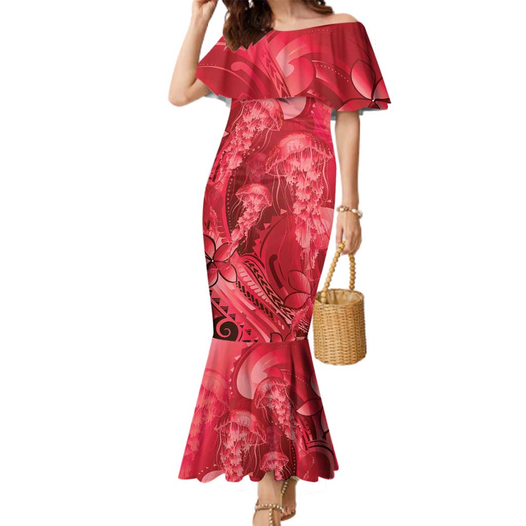 Red Gradient Polynesia Jellyfish Family Matching Mermaid Dress and Hawaiian Shirt Plumeria Polynesian Tattoo Glowing Vibes LT14 Mom's Dress Red - Polynesian Pride