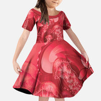 Red Gradient Polynesia Jellyfish Family Matching Off Shoulder Maxi Dress and Hawaiian Shirt Plumeria Polynesian Tattoo Glowing Vibes LT14 Daughter's Dress Red - Polynesian Pride