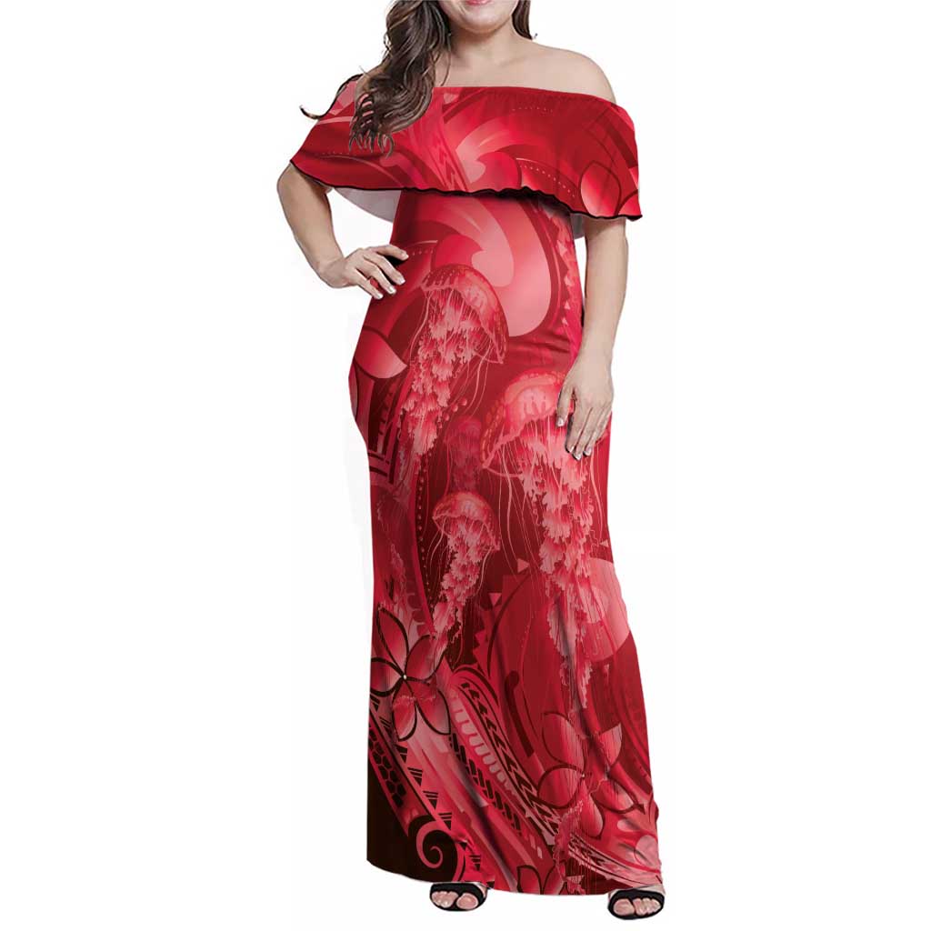 Red Gradient Polynesia Jellyfish Family Matching Off Shoulder Maxi Dress and Hawaiian Shirt Plumeria Polynesian Tattoo Glowing Vibes LT14 Mom's Dress Red - Polynesian Pride