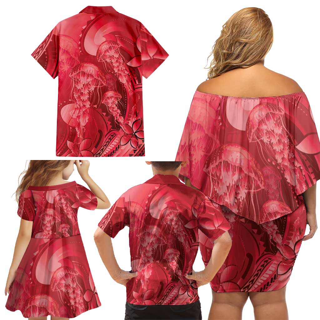 Red Gradient Polynesia Jellyfish Family Matching Off Shoulder Short Dress and Hawaiian Shirt Plumeria Polynesian Tattoo Glowing Vibes LT14 - Polynesian Pride