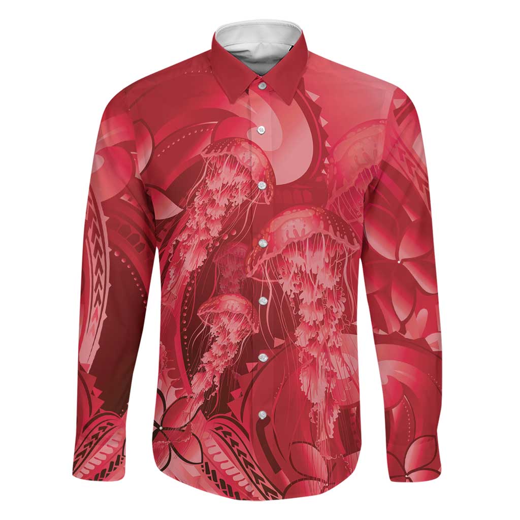 Red Gradient Polynesia Jellyfish Family Matching Off Shoulder Short Dress and Hawaiian Shirt Plumeria Polynesian Tattoo Glowing Vibes LT14 Dad's Shirt - Long Sleeve Red - Polynesian Pride