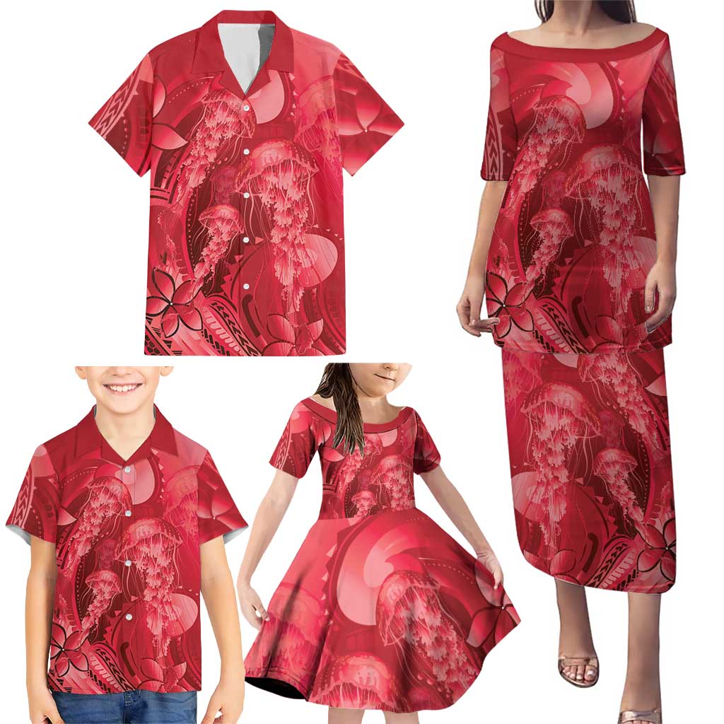Red Gradient Polynesia Jellyfish Family Matching Puletasi and Hawaiian Shirt Plumeria Polynesian Tattoo Glowing Vibes LT14 - Polynesian Pride