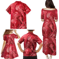 Red Gradient Polynesia Jellyfish Family Matching Puletasi and Hawaiian Shirt Plumeria Polynesian Tattoo Glowing Vibes LT14 - Polynesian Pride