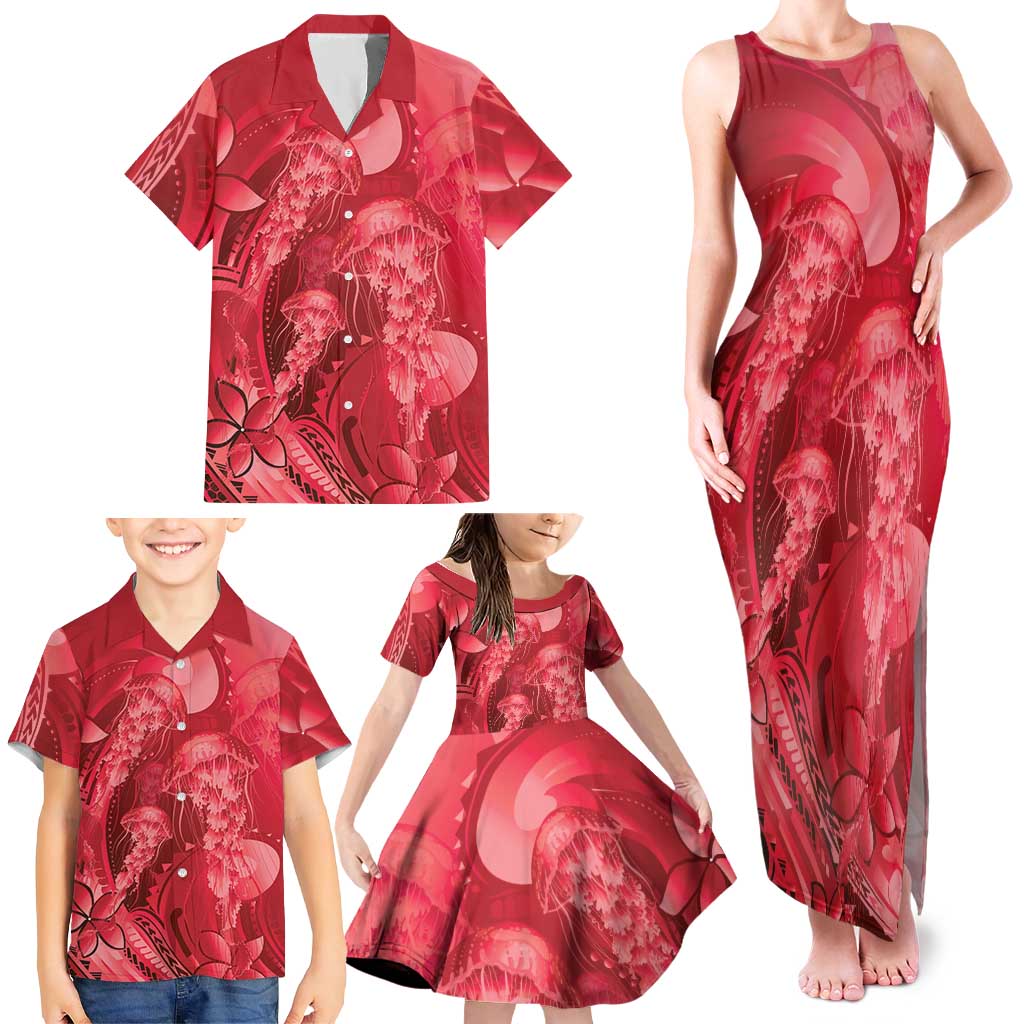 Red Gradient Polynesia Jellyfish Family Matching Tank Maxi Dress and Hawaiian Shirt Plumeria Polynesian Tattoo Glowing Vibes LT14 - Polynesian Pride