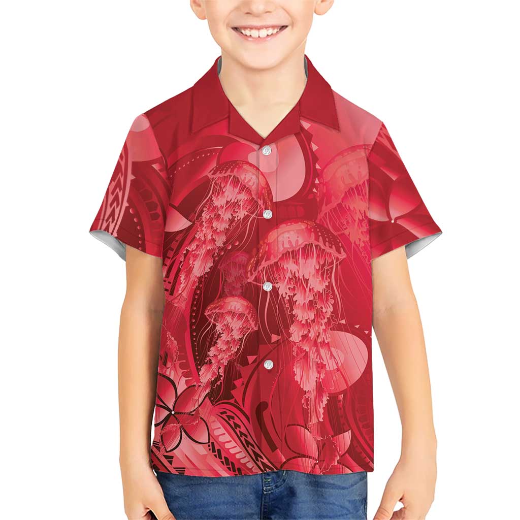 Red Gradient Polynesia Jellyfish Family Matching Tank Maxi Dress and Hawaiian Shirt Plumeria Polynesian Tattoo Glowing Vibes LT14 Son's Shirt Red - Polynesian Pride
