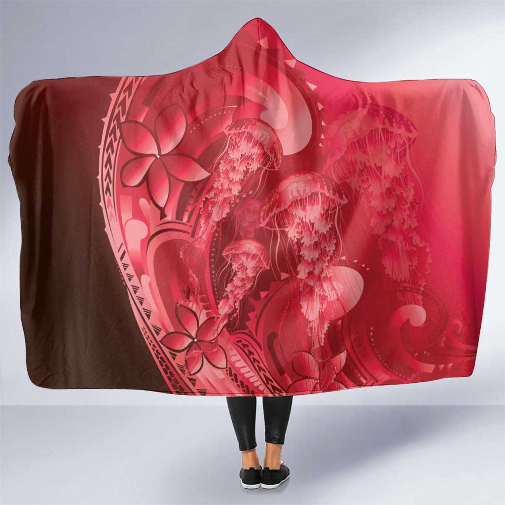 Red Gradient Polynesia Jellyfish Hooded Blanket Plumeria Polynesian Tattoo Glowing Vibes LT14 One Size Red - Polynesian Pride