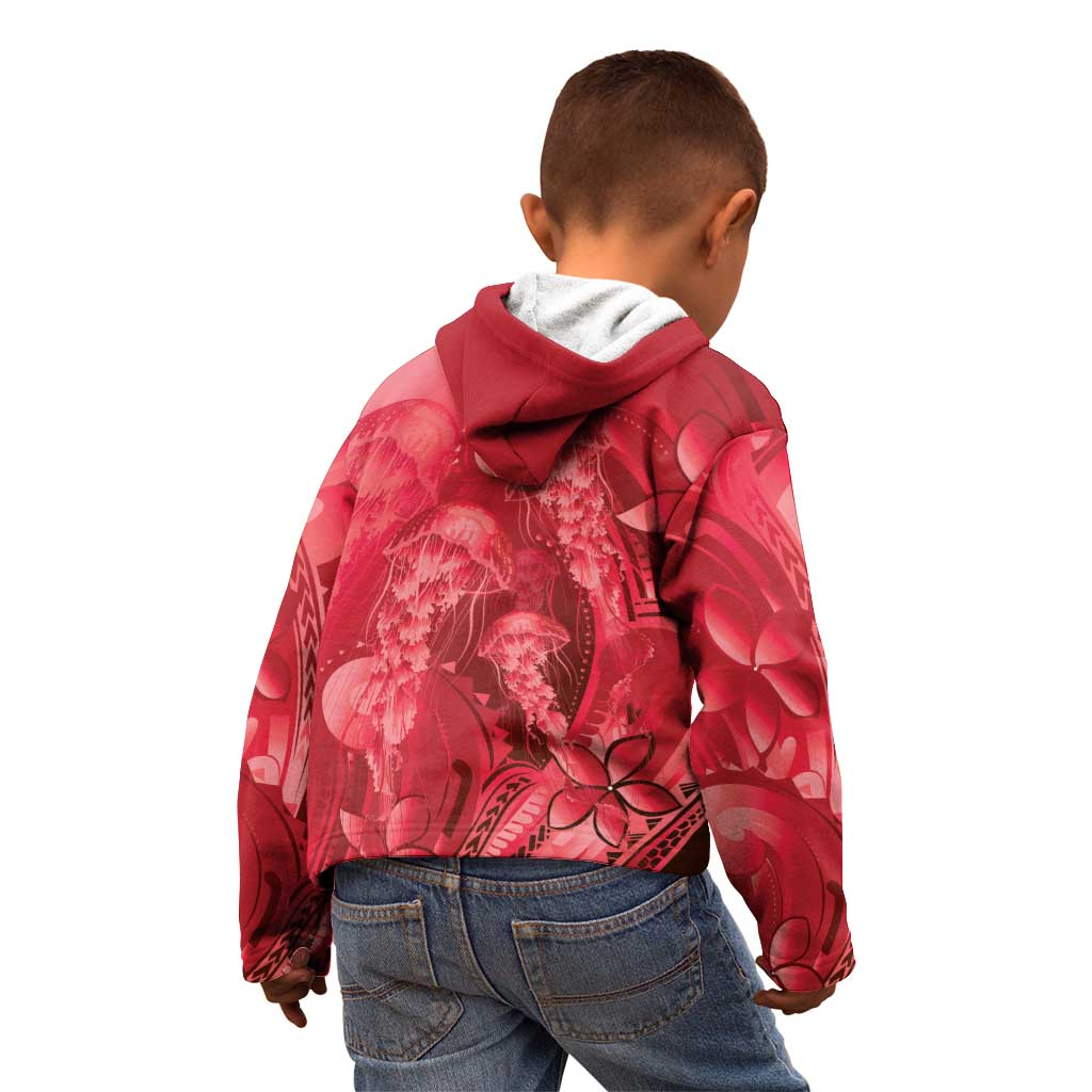 Red Gradient Polynesia Jellyfish Kid Hoodie Plumeria Polynesian Tattoo Glowing Vibes LT14 - Polynesian Pride