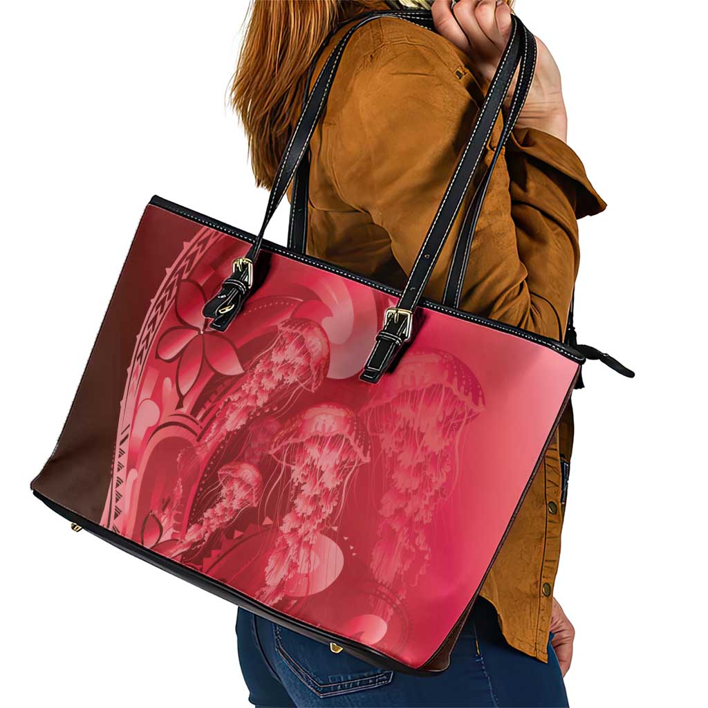Red Gradient Polynesia Jellyfish Leather Tote Bag Plumeria Polynesian Tattoo Glowing Vibes
