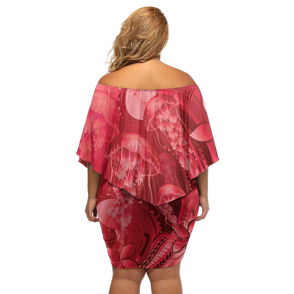 Red Gradient Polynesia Jellyfish Off Shoulder Short Dress Plumeria Polynesian Tattoo Glowing Vibes