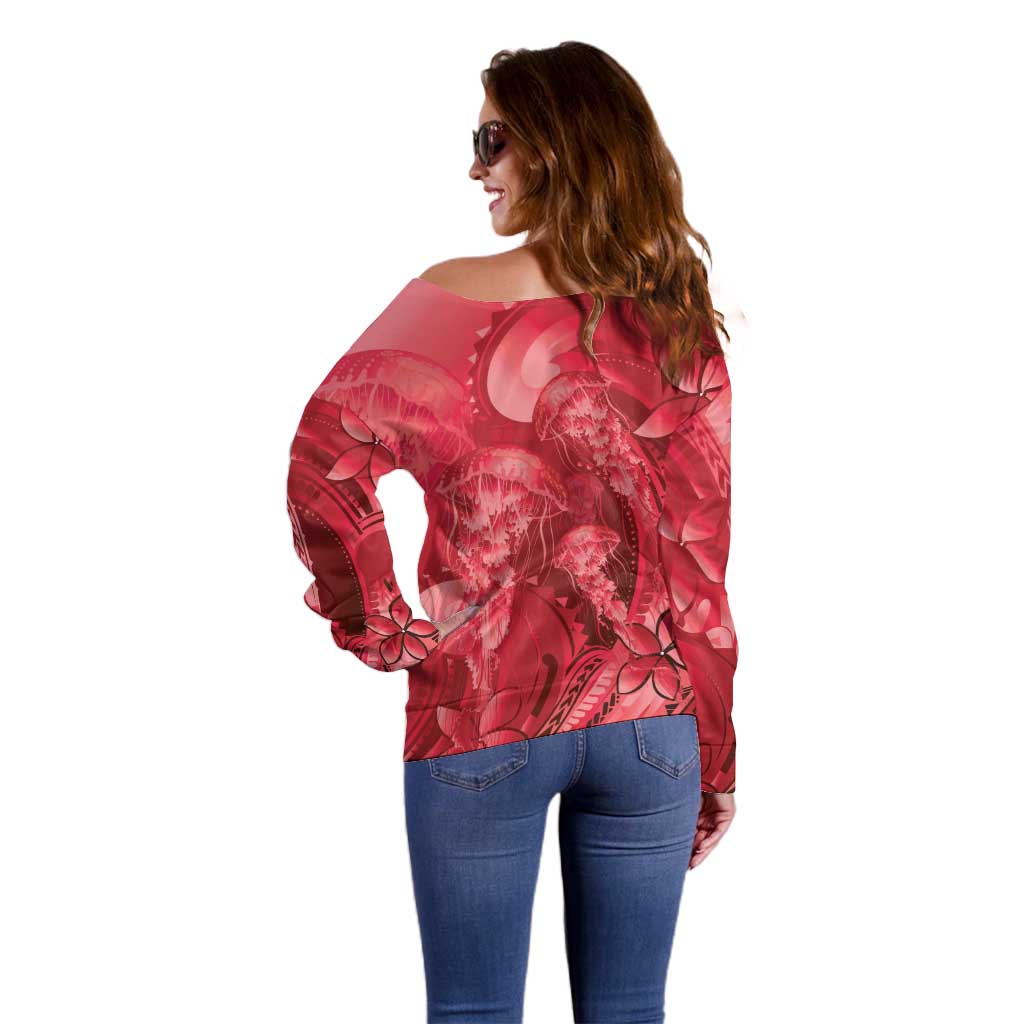 Red Gradient Polynesia Jellyfish Off Shoulder Sweater Plumeria Polynesian Tattoo Glowing Vibes