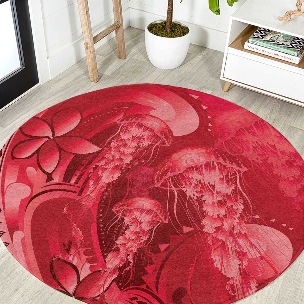 Red Gradient Polynesia Jellyfish Round Carpet Plumeria Polynesian Tattoo Glowing Vibes