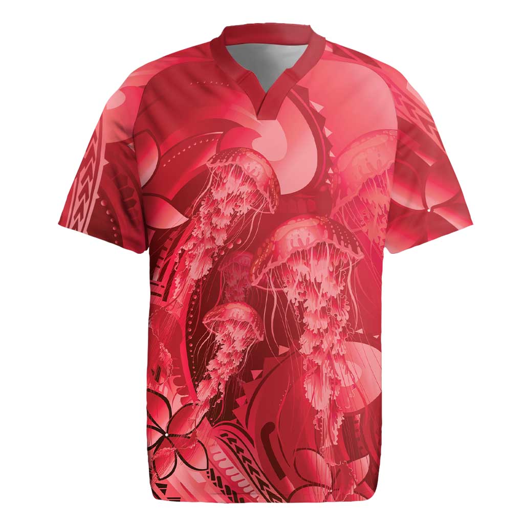 Red Gradient Polynesia Jellyfish Rugby Jersey Plumeria Polynesian Tattoo Glowing Vibes