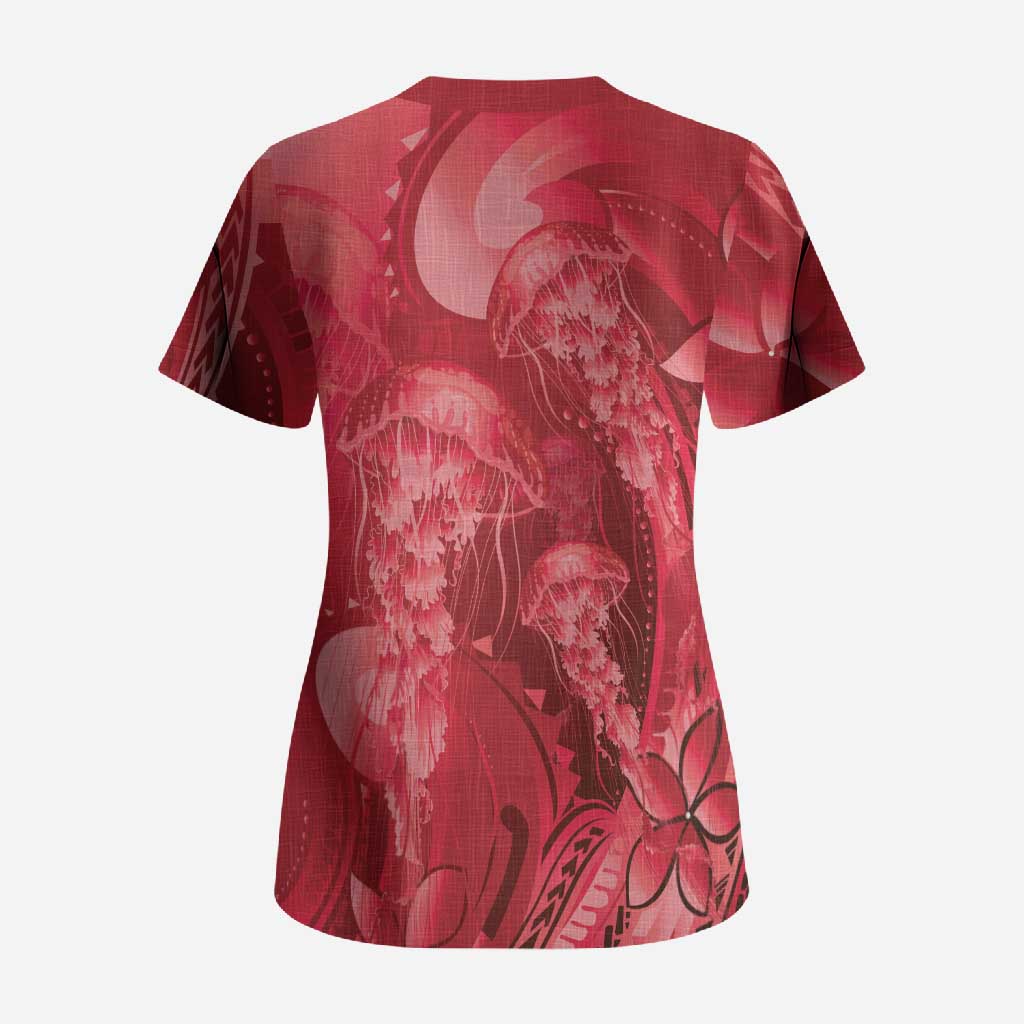 Red Gradient Polynesia Jellyfish Scrub Top Plumeria Polynesian Tattoo Glowing Vibes