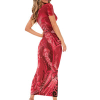 Red Gradient Polynesia Jellyfish Short Sleeve Bodycon Dress Plumeria Polynesian Tattoo Glowing Vibes