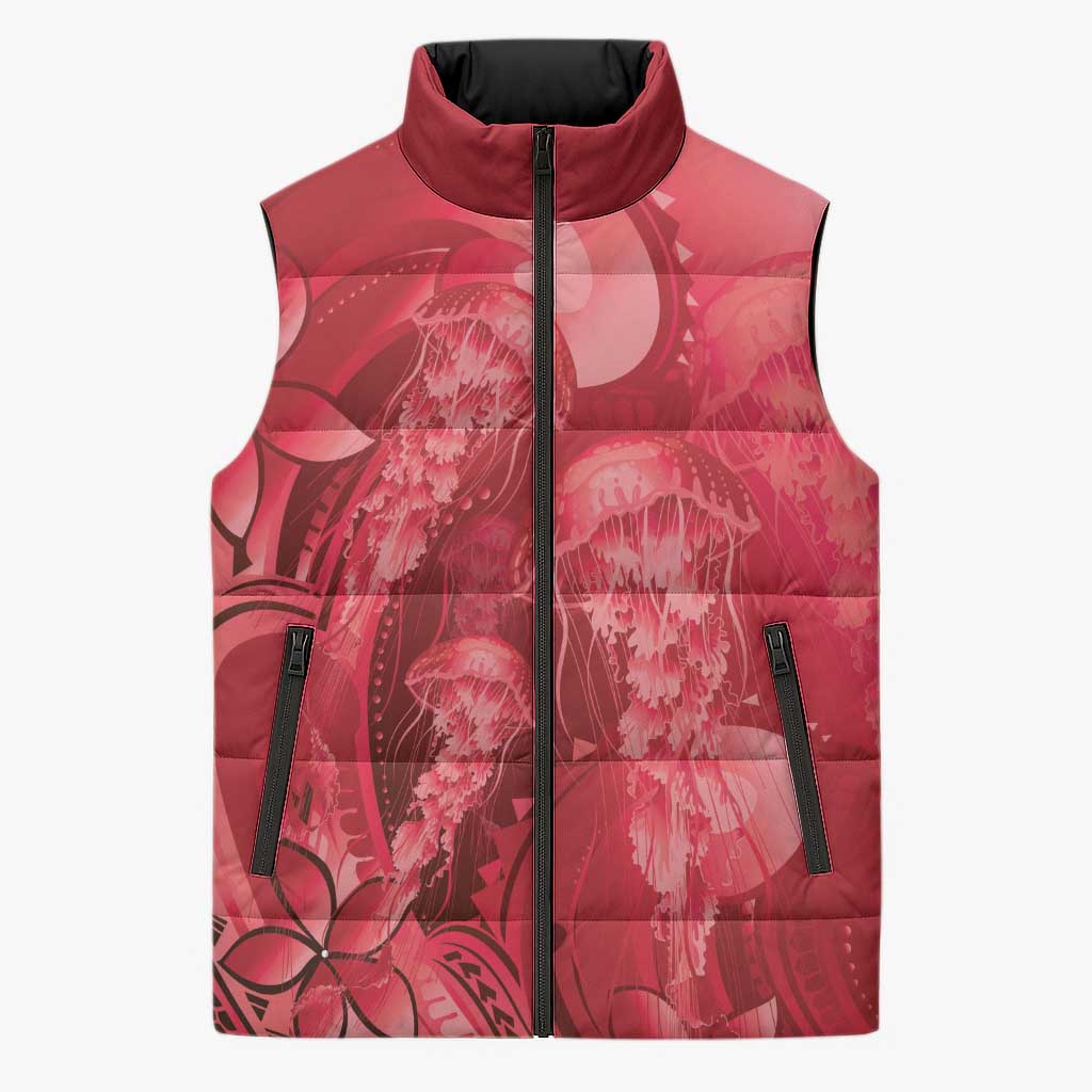 Red Gradient Polynesia Jellyfish Sleeveless Puffer Jacket Plumeria Polynesian Tattoo Glowing Vibes