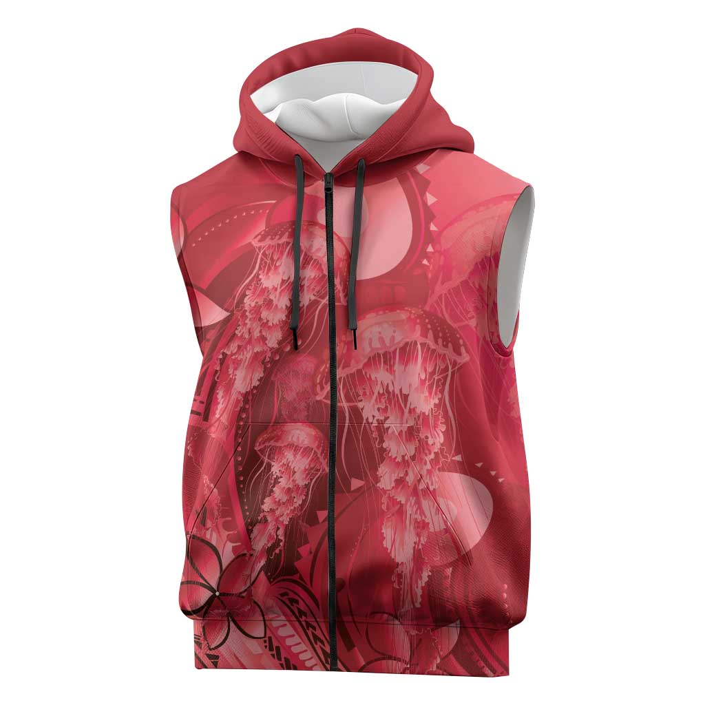 Red Gradient Polynesia Jellyfish Sleeveless Zip Hoodie Plumeria Polynesian Tattoo Glowing Vibes