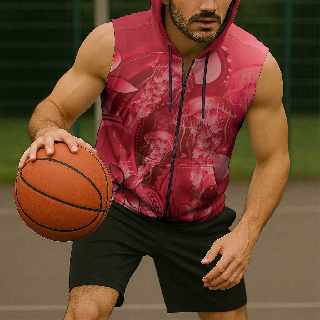 Red Gradient Polynesia Jellyfish Sleeveless Zip Hoodie Plumeria Polynesian Tattoo Glowing Vibes