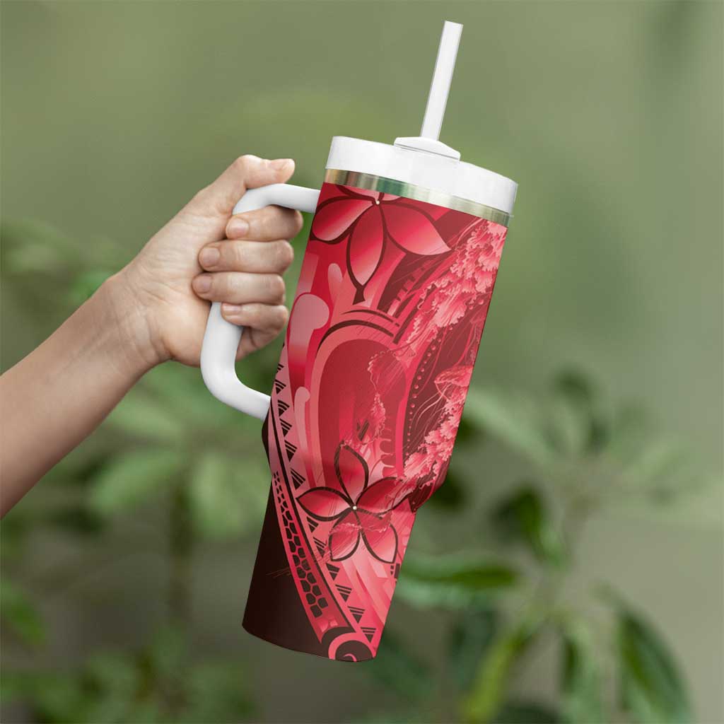 Red Gradient Polynesia Jellyfish Tumbler With Handle Plumeria Polynesian Tattoo Glowing Vibes