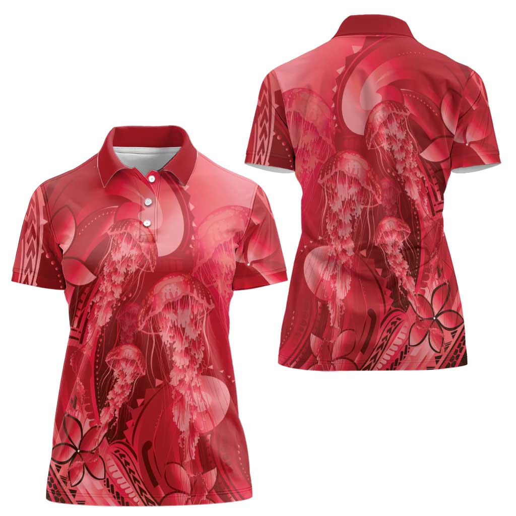 Red Gradient Polynesia Jellyfish Women Polo Shirt Plumeria Polynesian Tattoo Glowing Vibes LT14 - Polynesian Pride