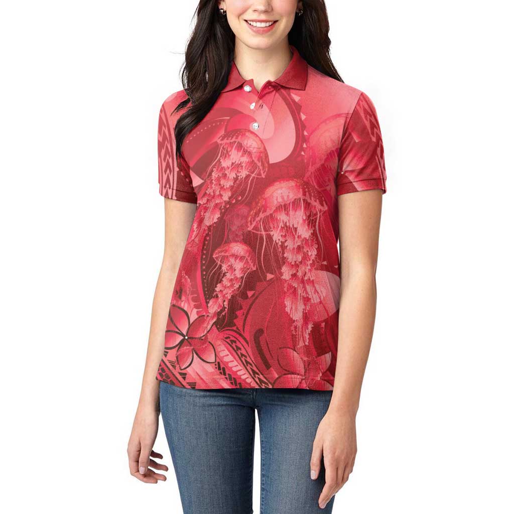 Red Gradient Polynesia Jellyfish Women Polo Shirt Plumeria Polynesian Tattoo Glowing Vibes LT14 - Polynesian Pride