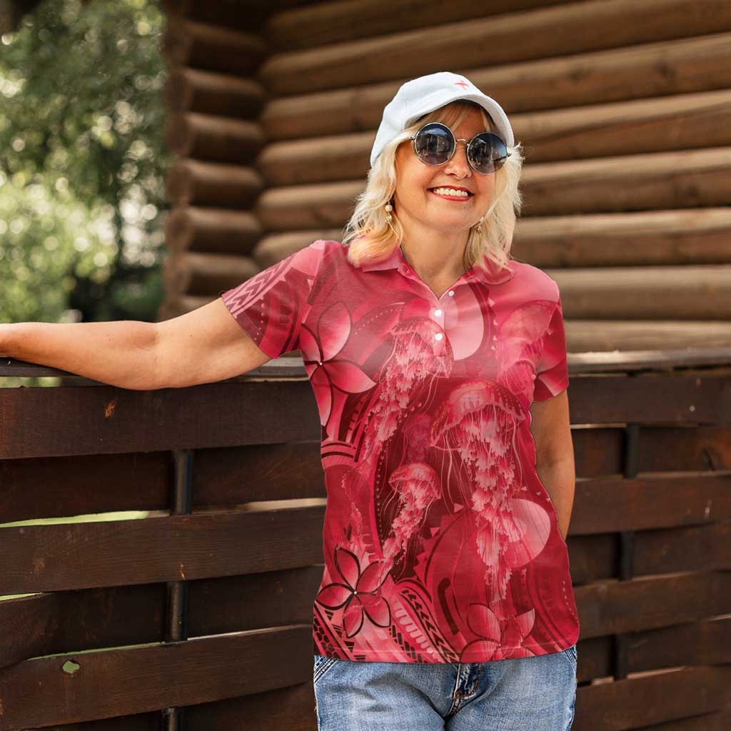 Red Gradient Polynesia Jellyfish Women Polo Shirt Plumeria Polynesian Tattoo Glowing Vibes LT14 - Polynesian Pride
