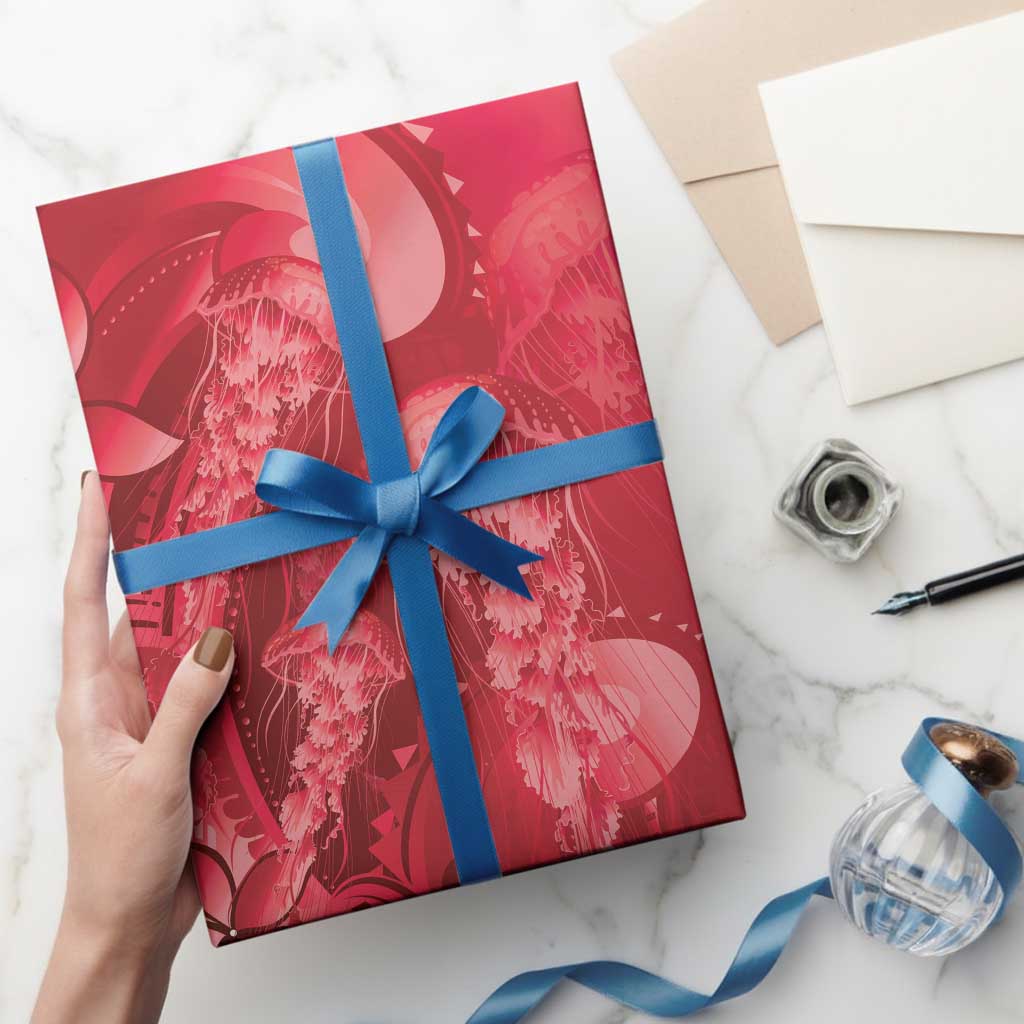 Red Gradient Polynesia Jellyfish Wrapping Paper Plumeria Polynesian Tattoo Glowing Vibes