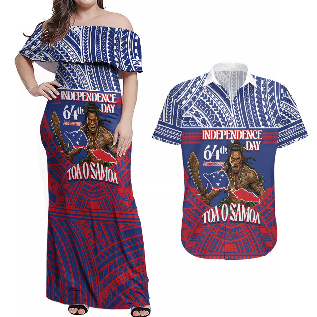 Personalised Samoa Independence Day Couples Matching Off Shoulder Maxi Dress and Hawaiian Shirt 64th Anniversary Toa O Samoa LT14 Blue - Polynesian Pride