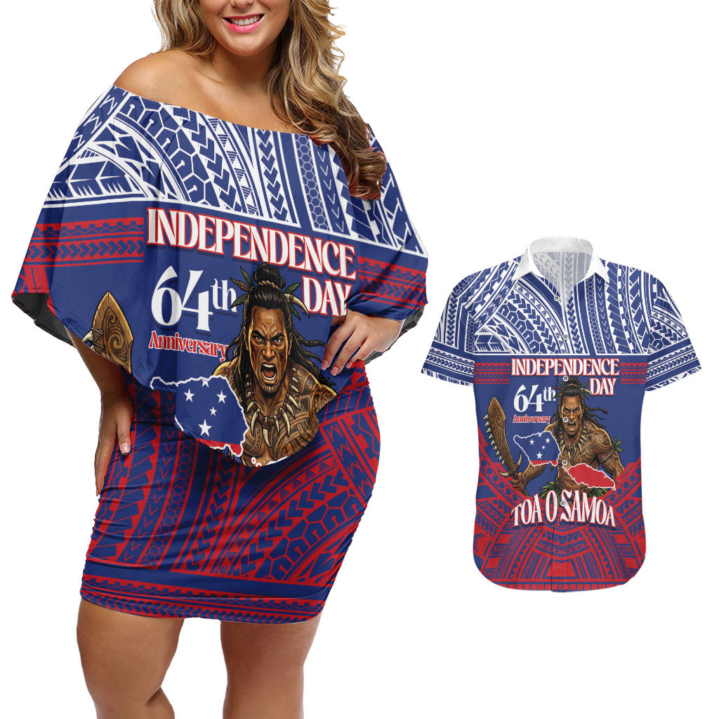 Personalised Samoa Independence Day Couples Matching Off Shoulder Short Dress and Hawaiian Shirt 64th Anniversary Toa O Samoa LT14 Blue - Polynesian Pride