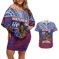 Personalised Samoa Independence Day Couples Matching Off Shoulder Short Dress and Hawaiian Shirt 64th Anniversary Toa O Samoa LT14 Blue - Polynesian Pride