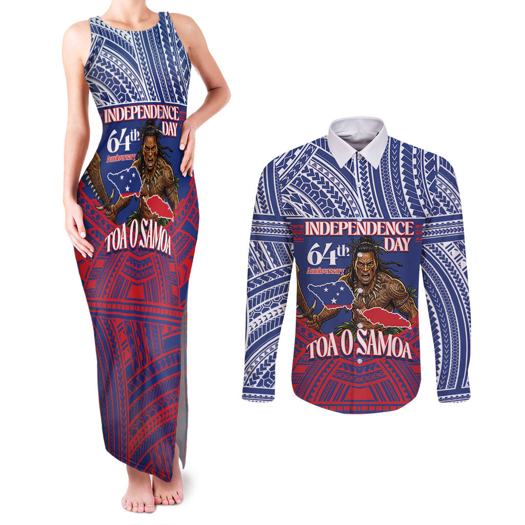 Personalised Samoa Independence Day Couples Matching Tank Maxi Dress and Long Sleeve Button Shirt 64th Anniversary Toa O Samoa