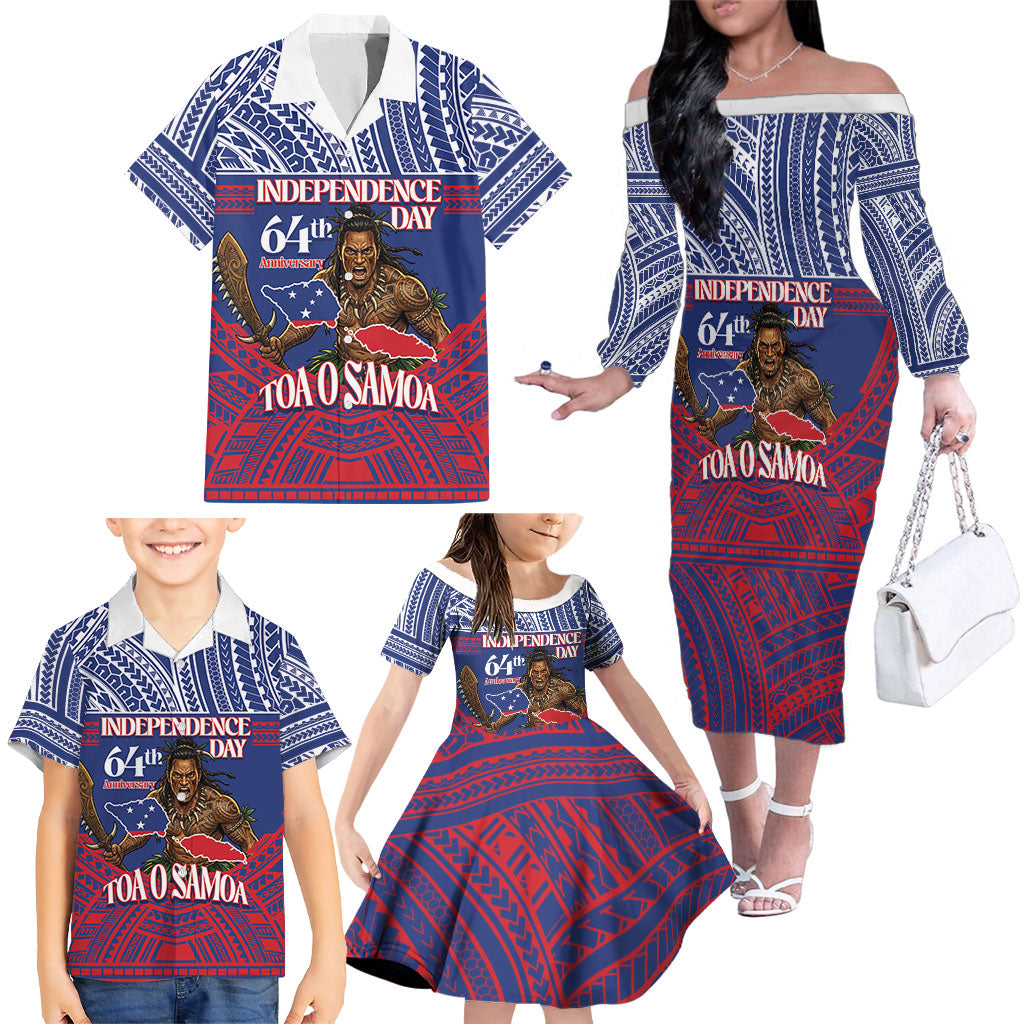 Personalised Samoa Independence Day Family Matching Off The Shoulder Long Sleeve Dress and Hawaiian Shirt 64th Anniversary Toa O Samoa LT14 - Polynesian Pride