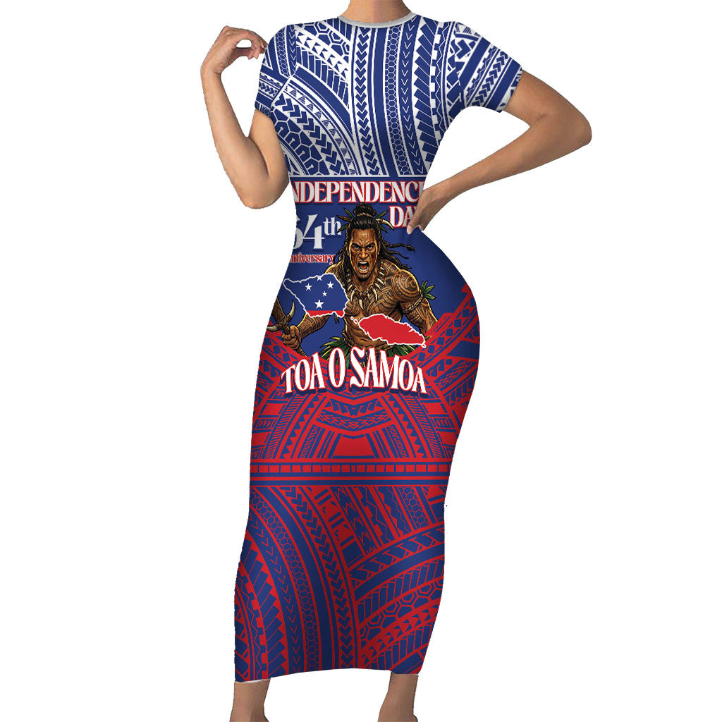 Personalised Samoa Independence Day Family Matching Short Sleeve Bodycon Dress and Hawaiian Shirt 64th Anniversary Toa O Samoa LT14 Mom's Dress Blue - Polynesian Pride