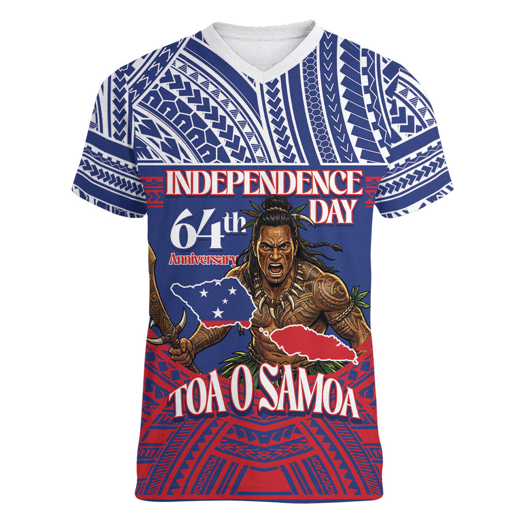 Personalised Samoa Independence Day Women V-Neck T-Shirt 64th Anniversary Toa O Samoa LT14 Female Blue - Polynesian Pride
