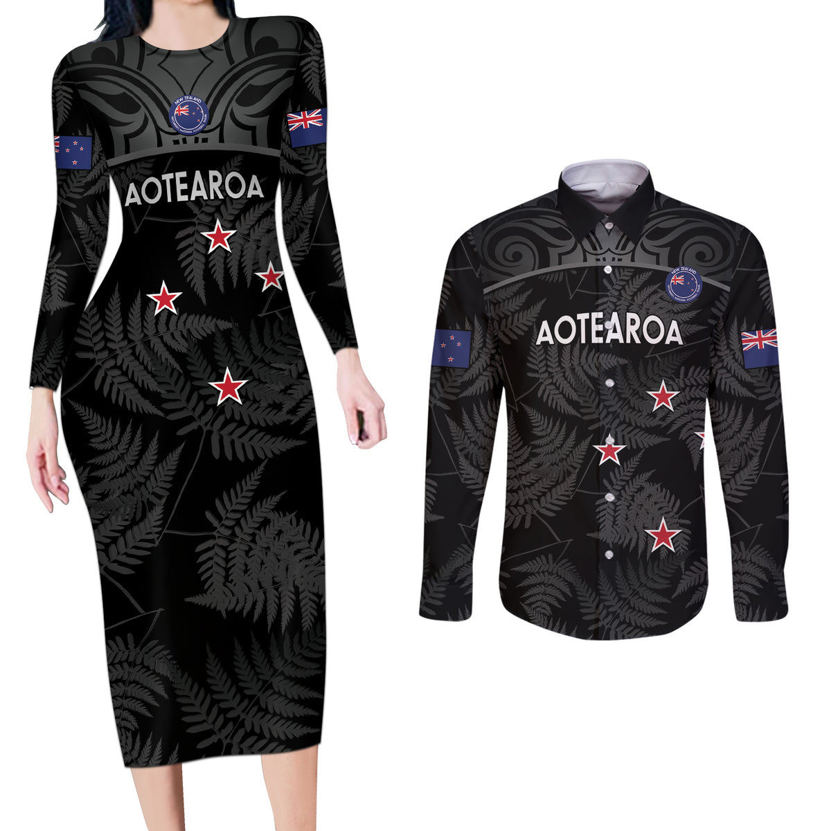 Custom New Zealand Silver Fern Football Couples Matching Long Sleeve Bodycon Dress and Long Sleeve Button Shirt Summer 2024 Olympic Go Aotearoa LT14 Black - Polynesian Pride