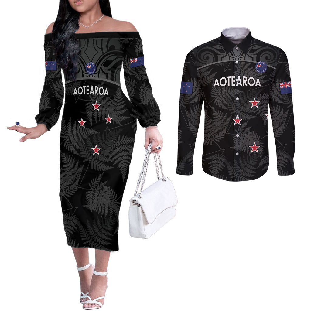 Custom New Zealand Silver Fern Football Couples Matching Off The Shoulder Long Sleeve Dress and Long Sleeve Button Shirt Summer 2024 Olympic Go Aotearoa LT14 Black - Polynesian Pride