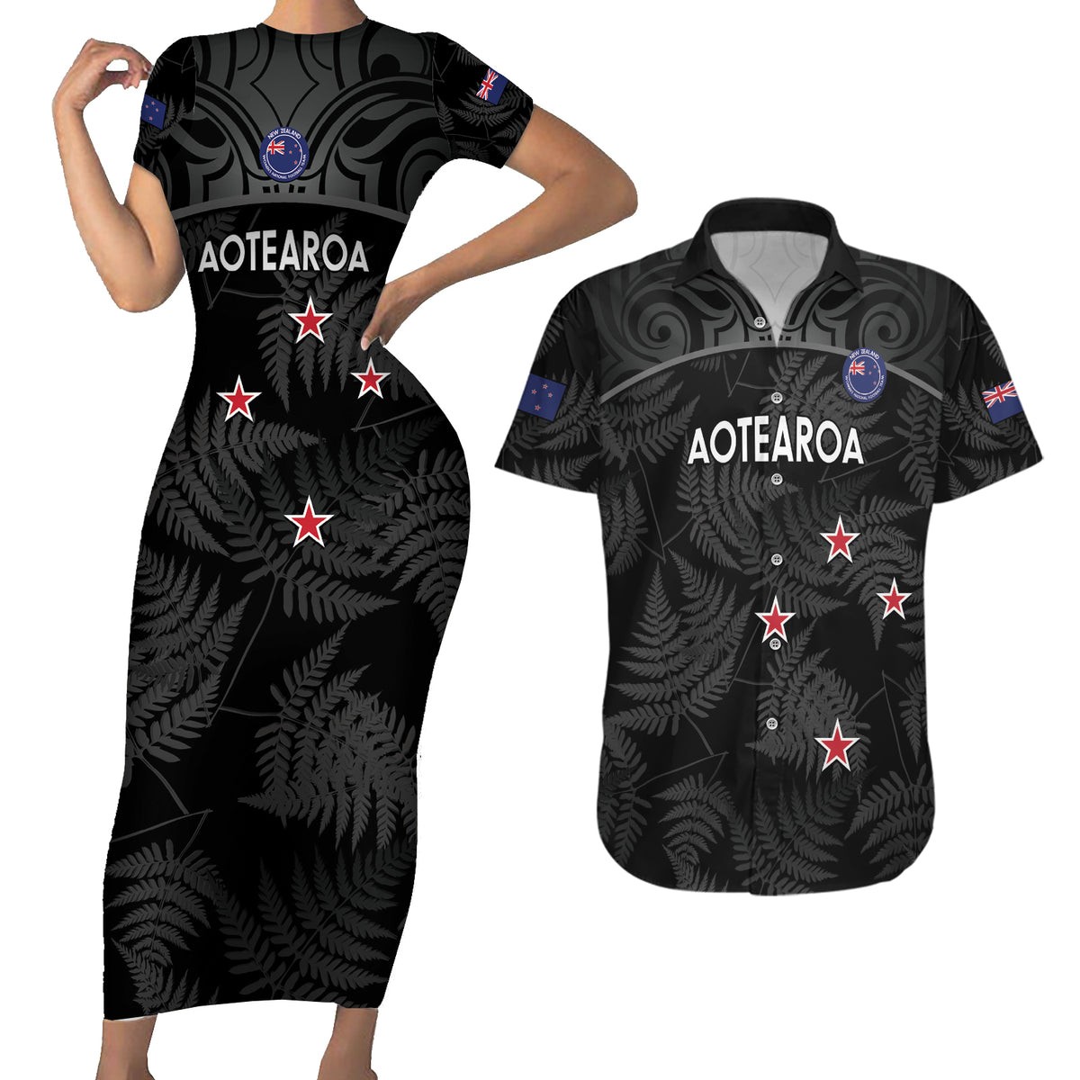 Custom New Zealand Silver Fern Football Couples Matching Short Sleeve Bodycon Dress and Hawaiian Shirt Summer 2024 Olympic Go Aotearoa LT14 Black - Polynesian Pride