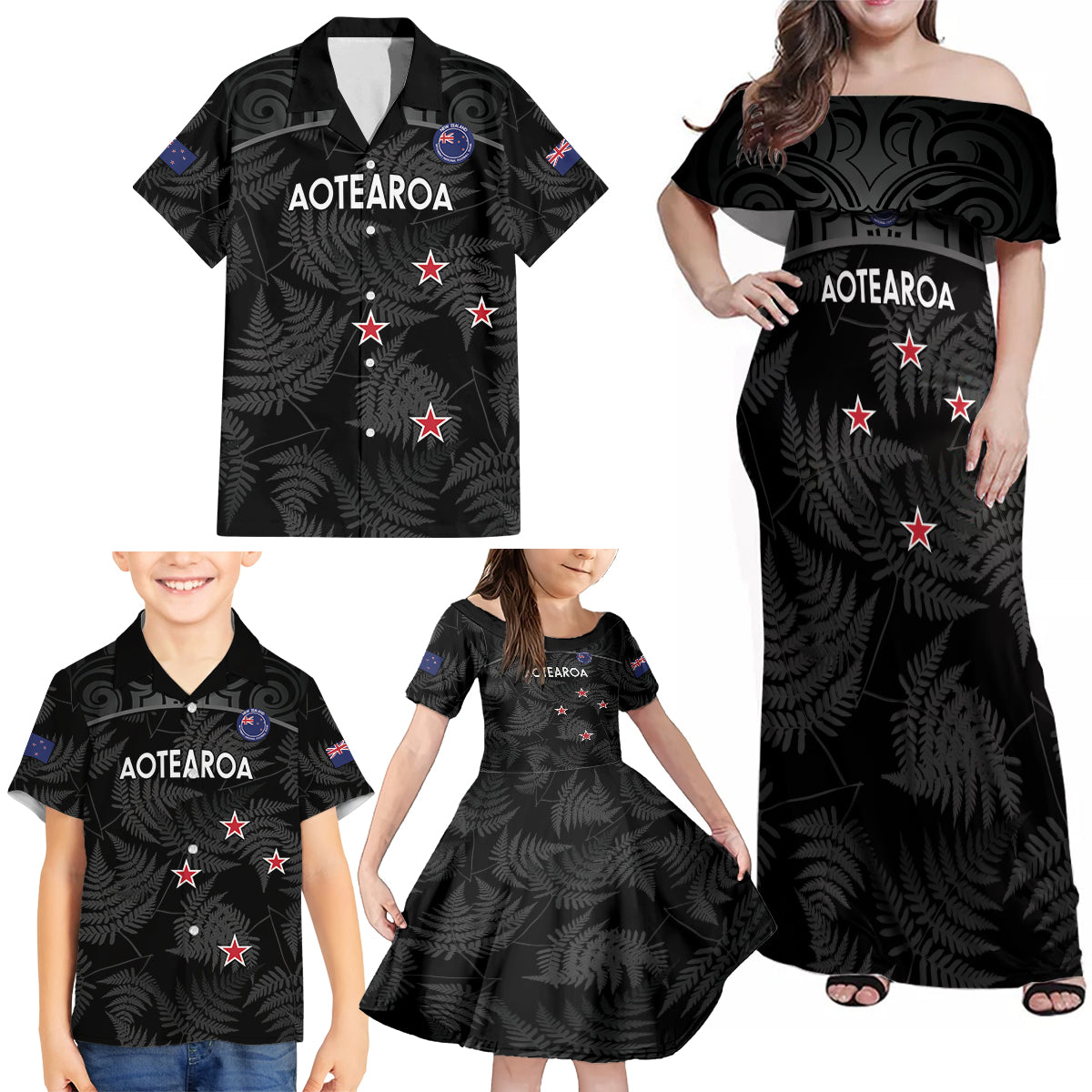 Custom New Zealand Silver Fern Football Family Matching Off Shoulder Maxi Dress and Hawaiian Shirt Summer 2024 Olympic Go Aotearoa LT14 - Polynesian Pride
