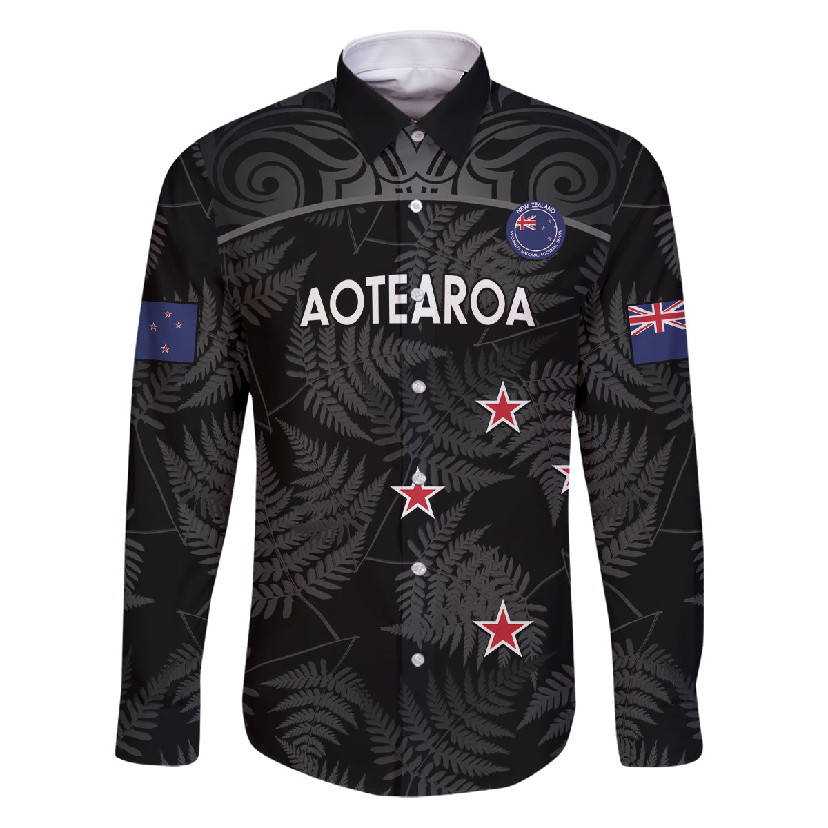 Custom New Zealand Silver Fern Football Family Matching Puletasi and Hawaiian Shirt Summer 2024 Olympic Go Aotearoa LT14 Dad's Shirt - Long Sleeve Black - Polynesian Pride