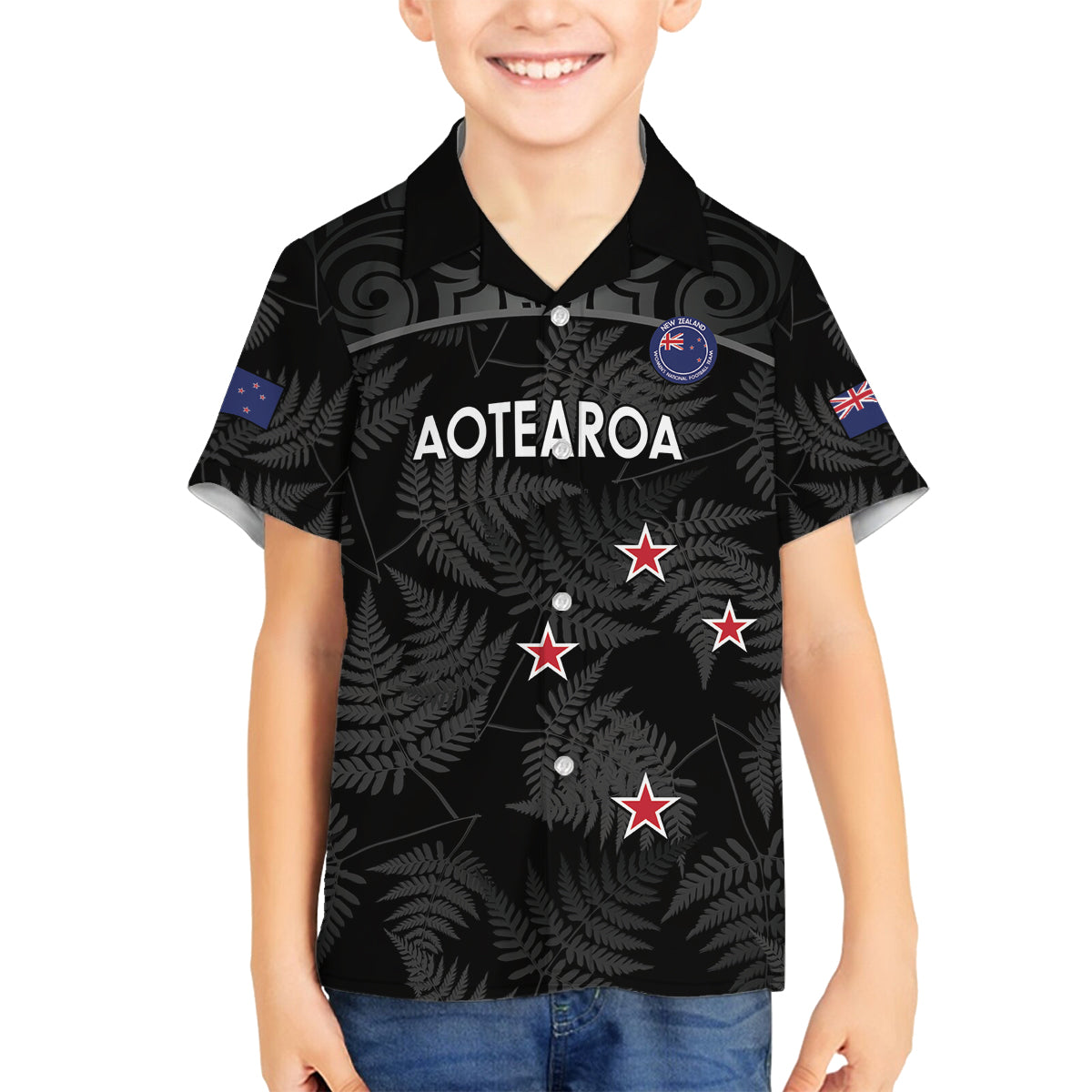 Custom New Zealand Silver Fern Football Family Matching Puletasi and Hawaiian Shirt Summer 2024 Olympic Go Aotearoa LT14 Son's Shirt Black - Polynesian Pride