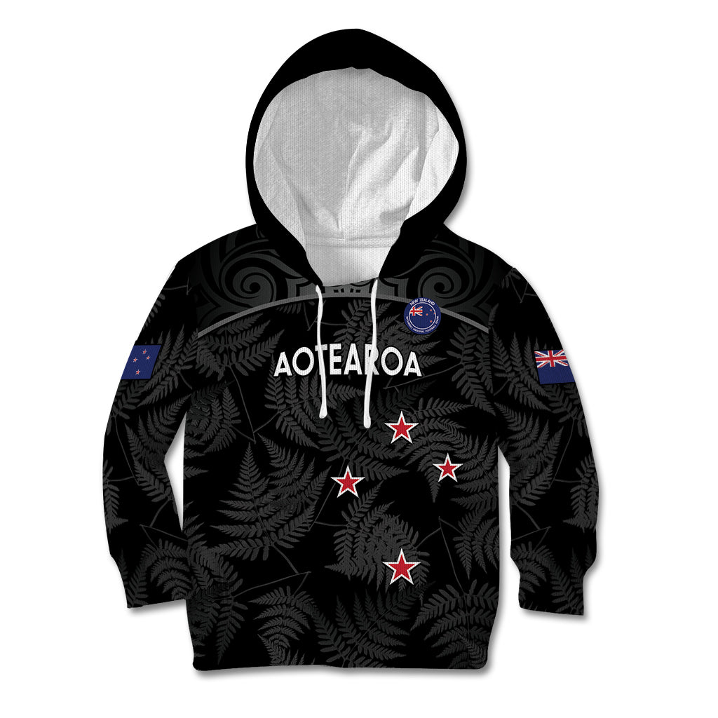 Custom New Zealand Silver Fern Football Kid Hoodie Summer 2024 Olympic Go Aotearoa LT14 Hoodie Black - Polynesian Pride
