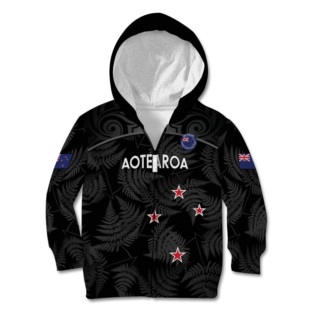 Custom New Zealand Silver Fern Football Kid Hoodie Summer 2024 Olympic Go Aotearoa LT14 Zip Hoodie Black - Polynesian Pride
