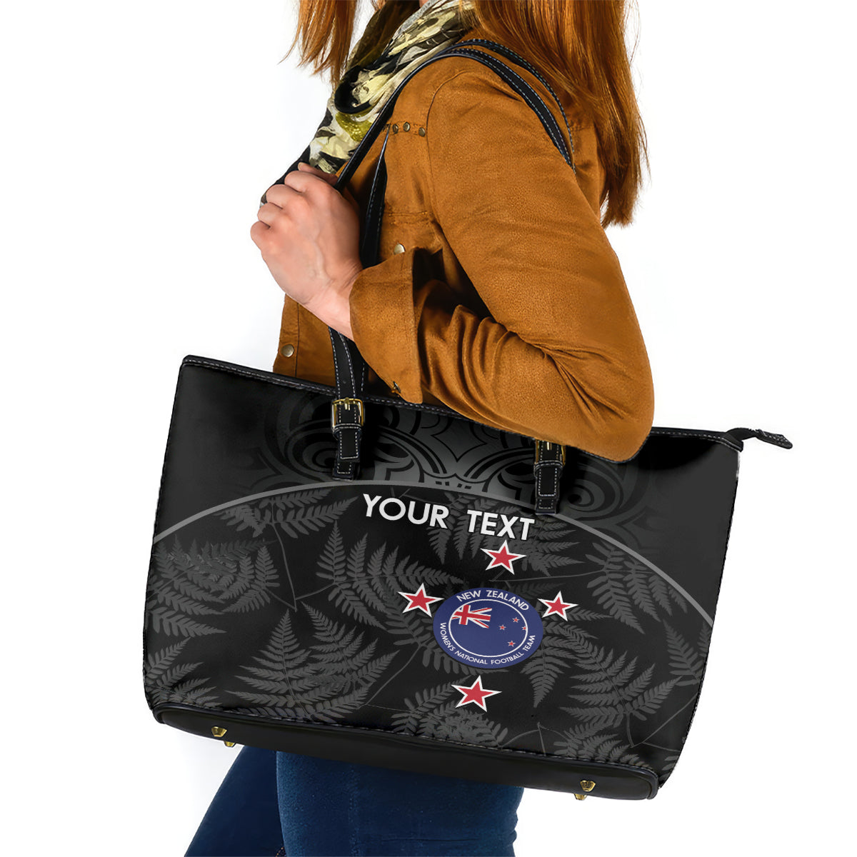 Custom New Zealand Silver Fern Football Leather Tote Bag Summer 2024 Olympic Go Aotearoa LT14 Black - Polynesian Pride