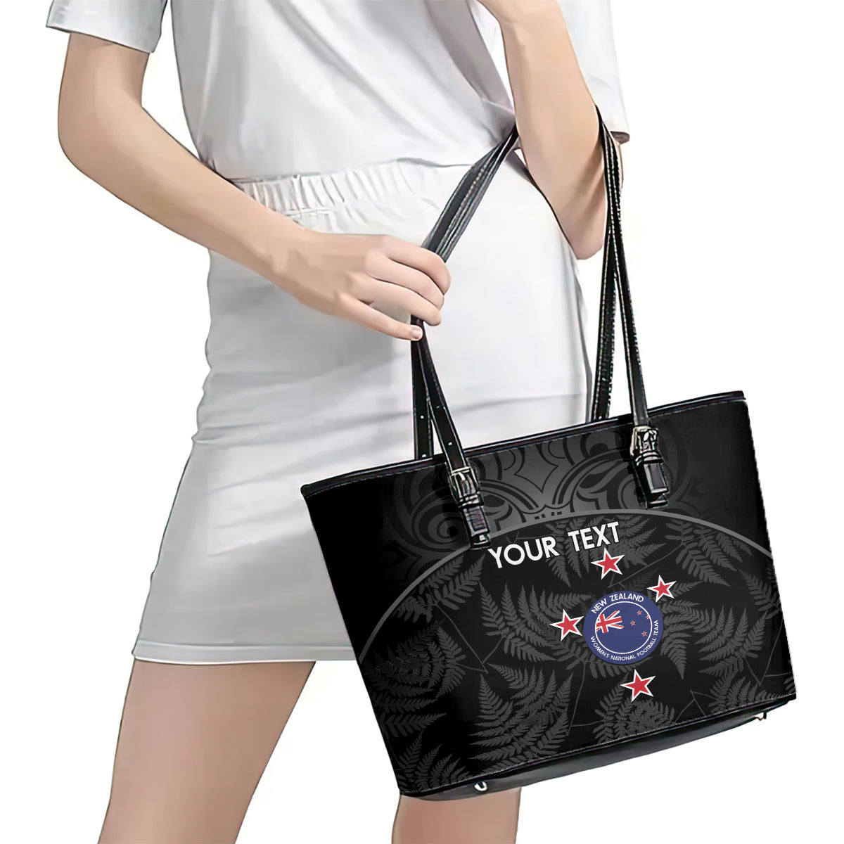 Custom New Zealand Silver Fern Football Leather Tote Bag Summer 2024 Olympic Go Aotearoa LT14 - Polynesian Pride